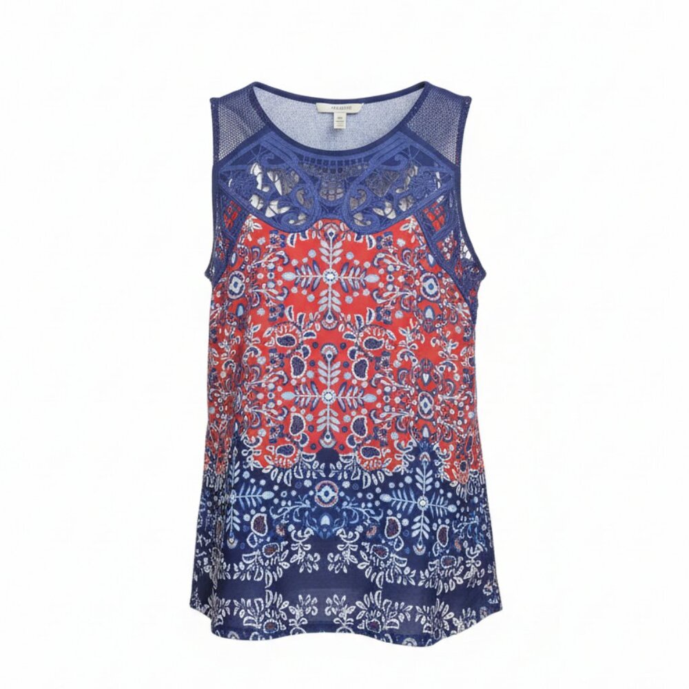 Pale Sky Blue, Red and White Sleeveless Embroidered‎ Top in Size S